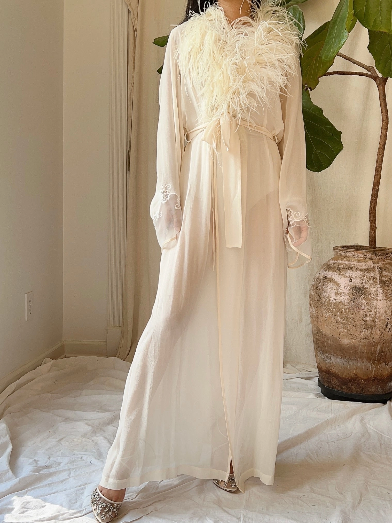 Vintage Silk Chiffon Feather Robe - S-M