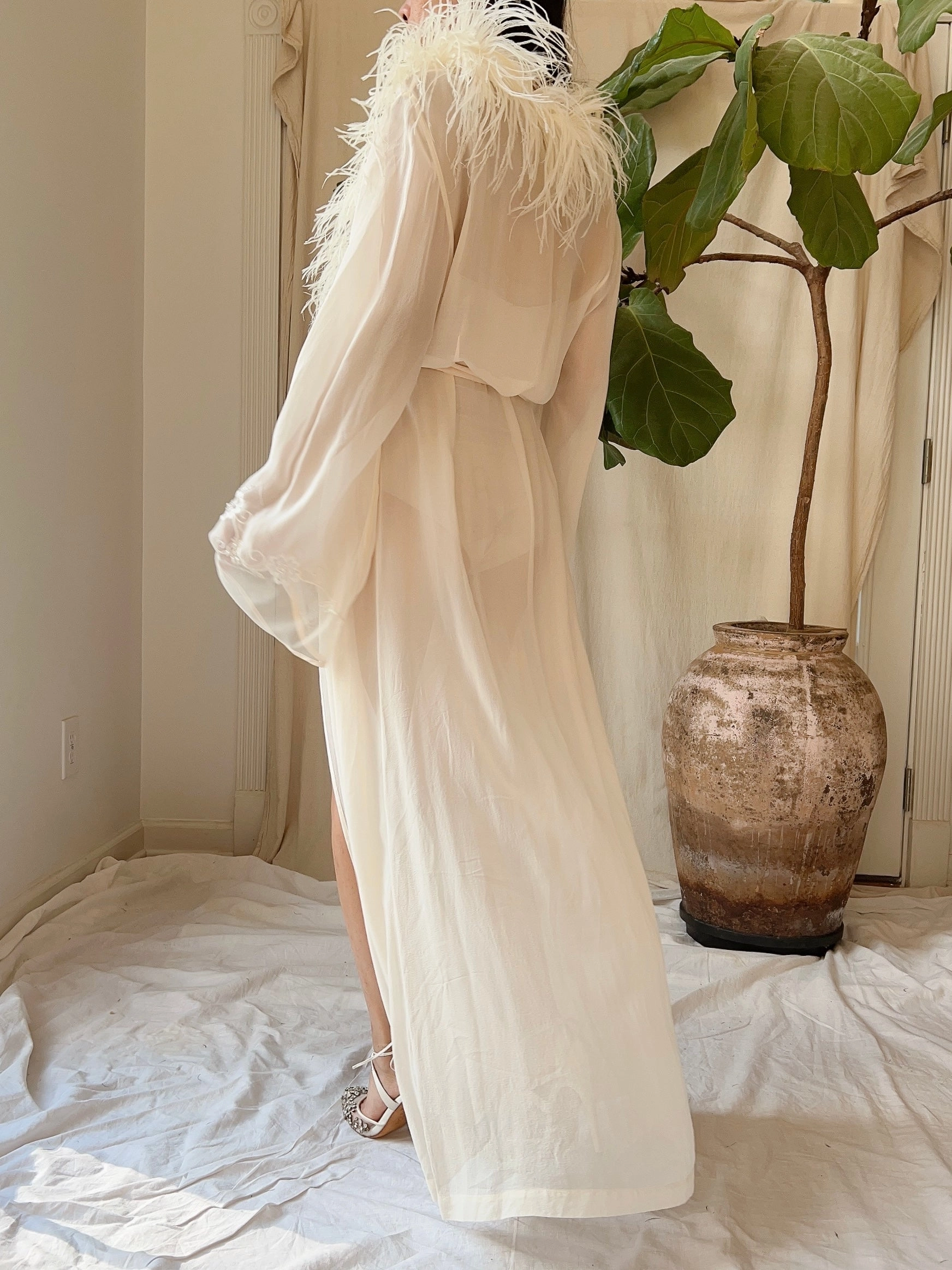 Vintage Silk Chiffon Feather Robe - S-M