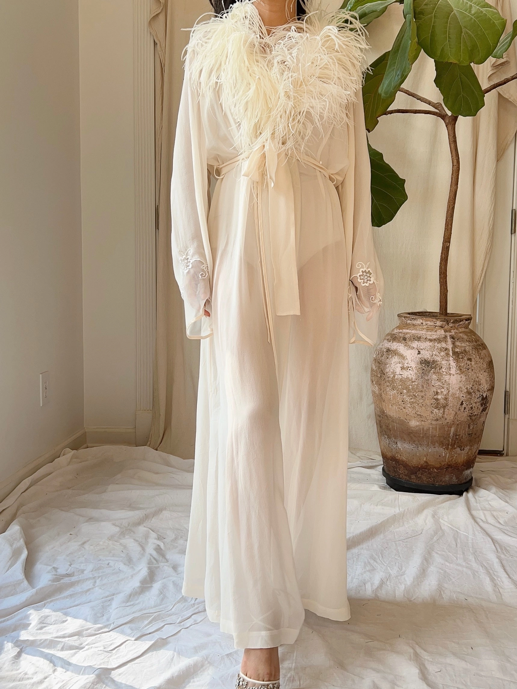 Vintage Silk Chiffon Feather Robe - S-M