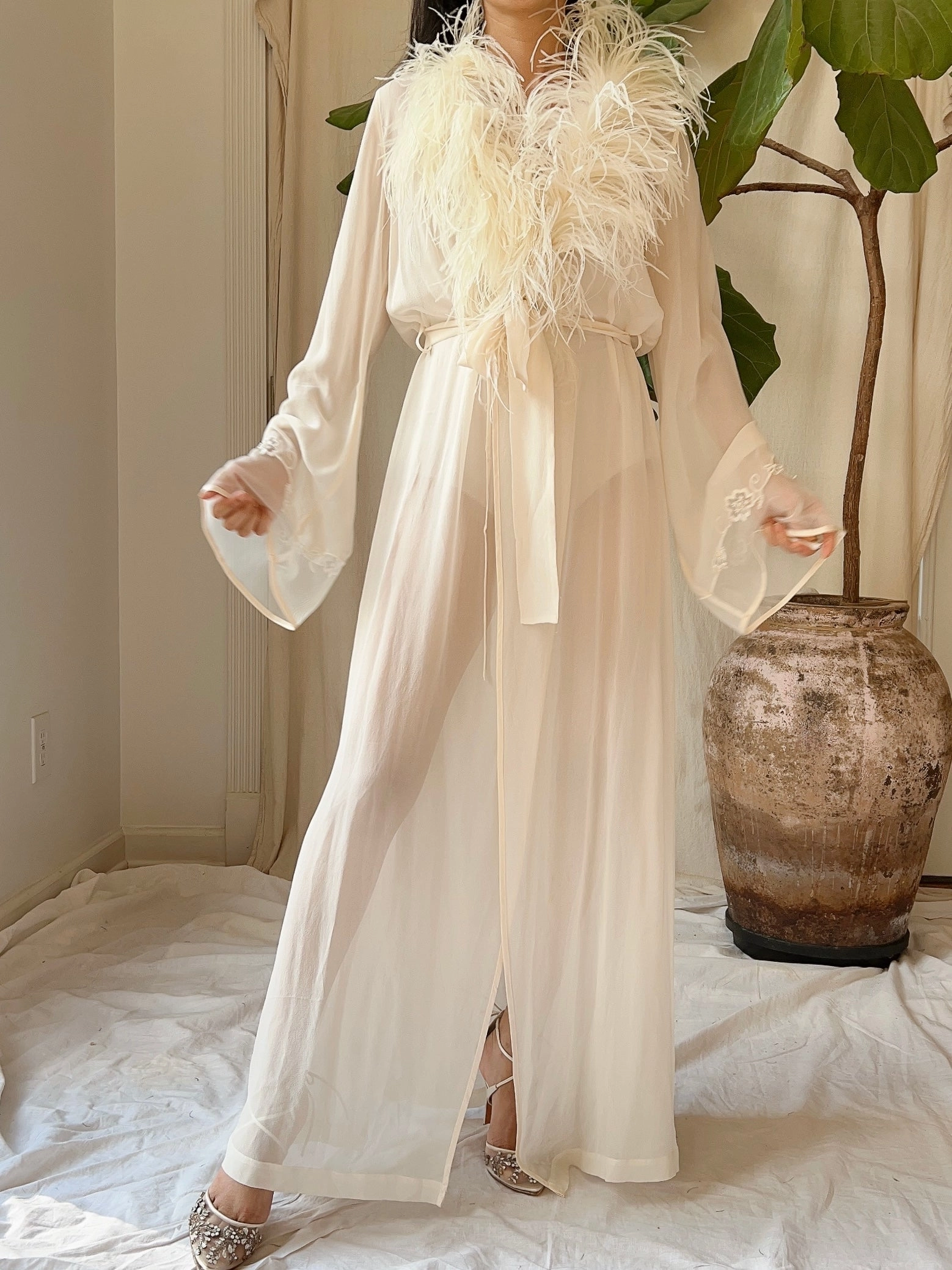 Vintage Silk Chiffon Feather Robe - S-M