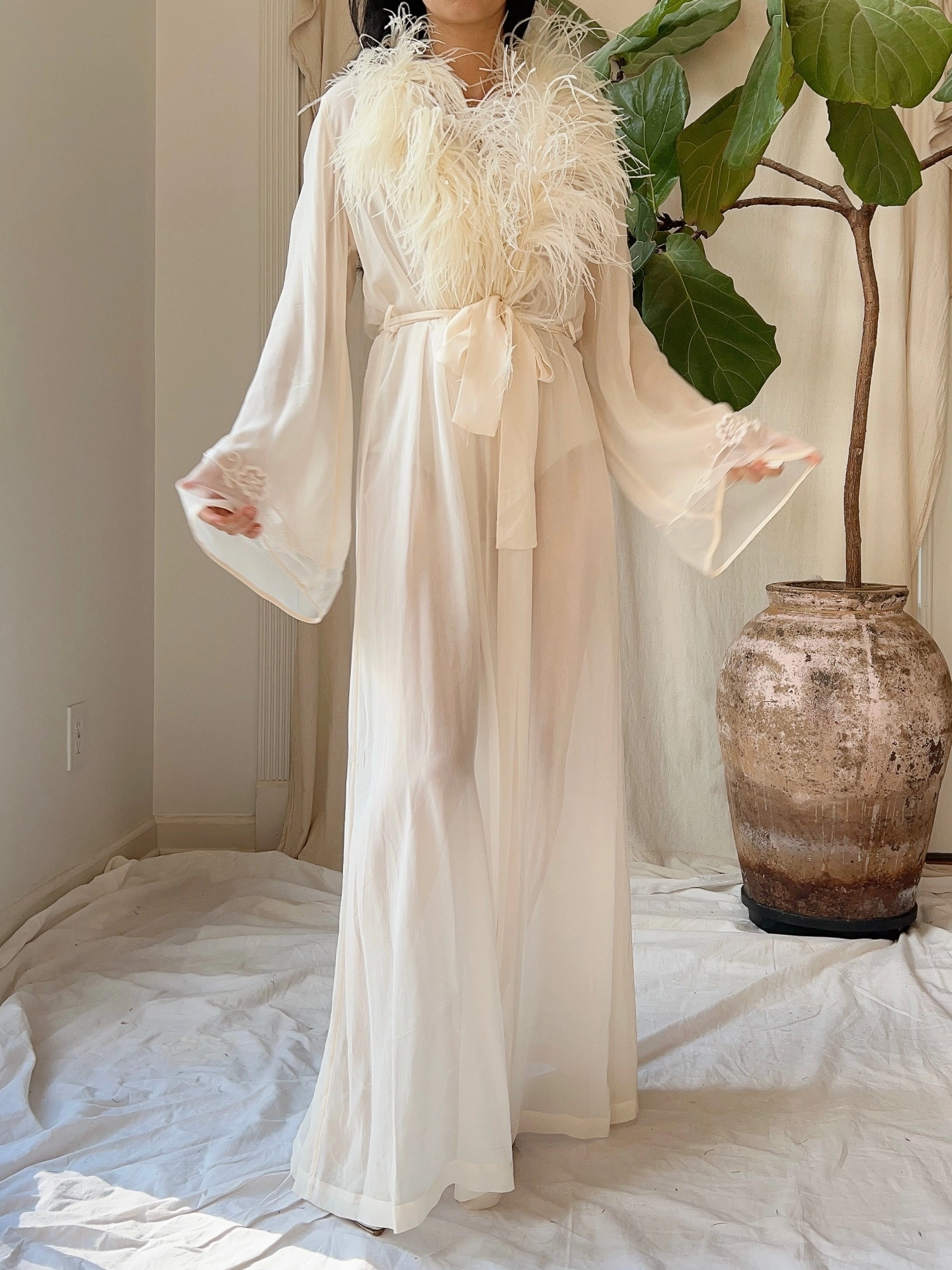 Vintage Silk Chiffon Feather Robe - S-M