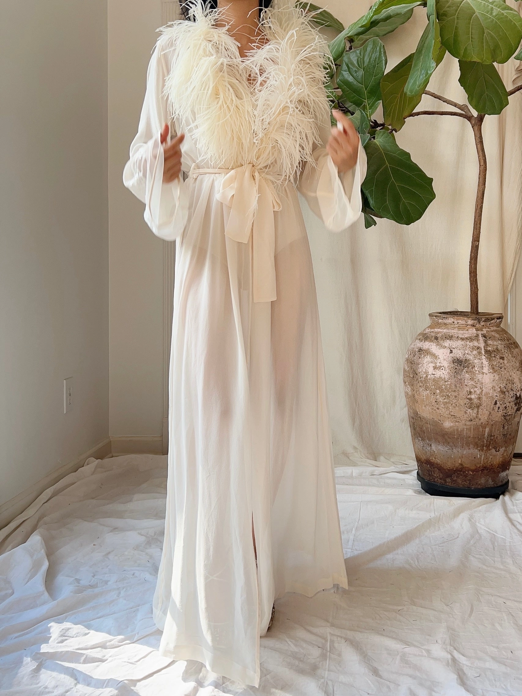 Vintage Silk Chiffon Feather Robe - S-M