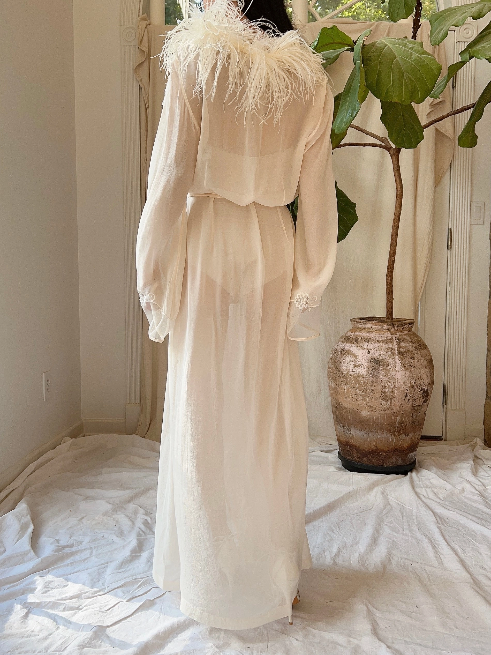 Vintage Silk Chiffon Feather Robe - S-M
