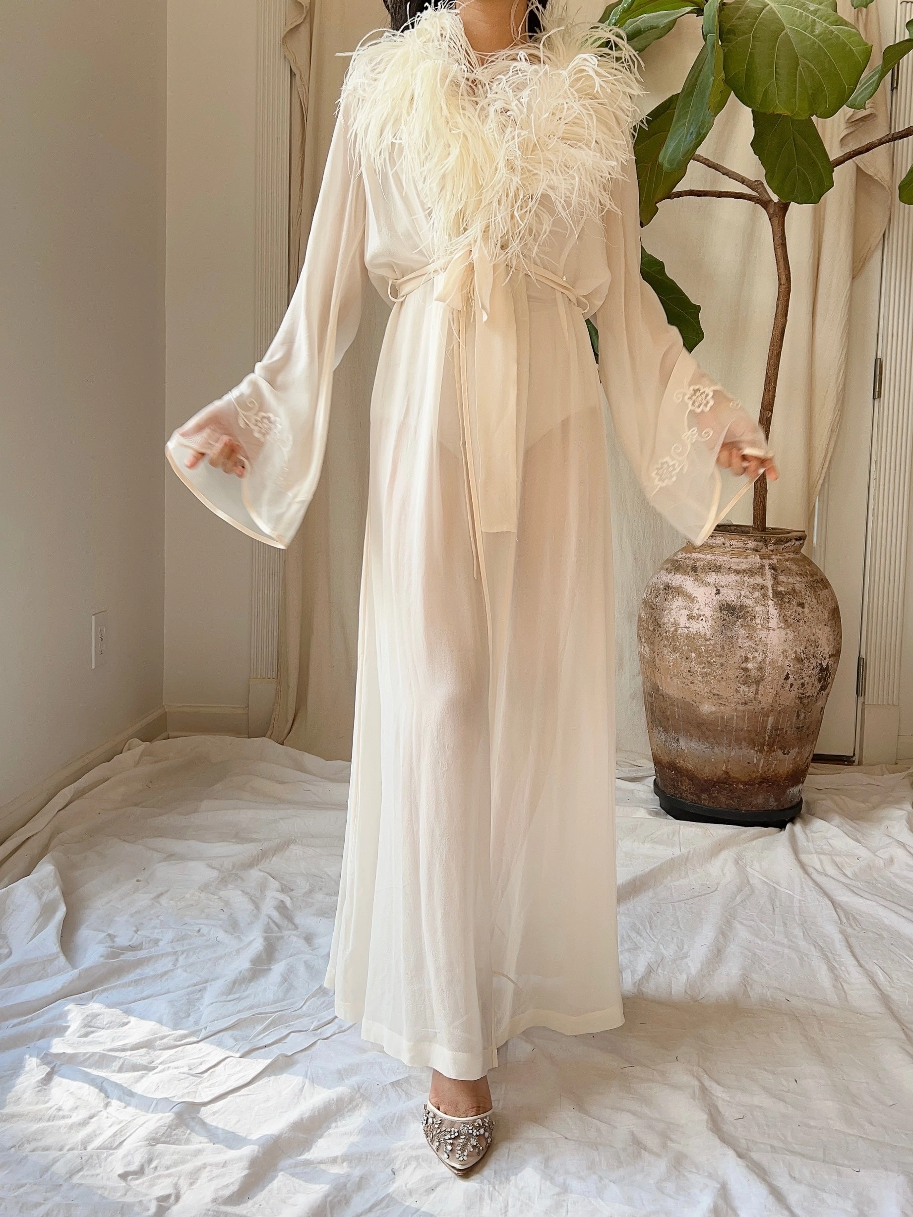 Vintage Silk Chiffon Feather Robe - S-M