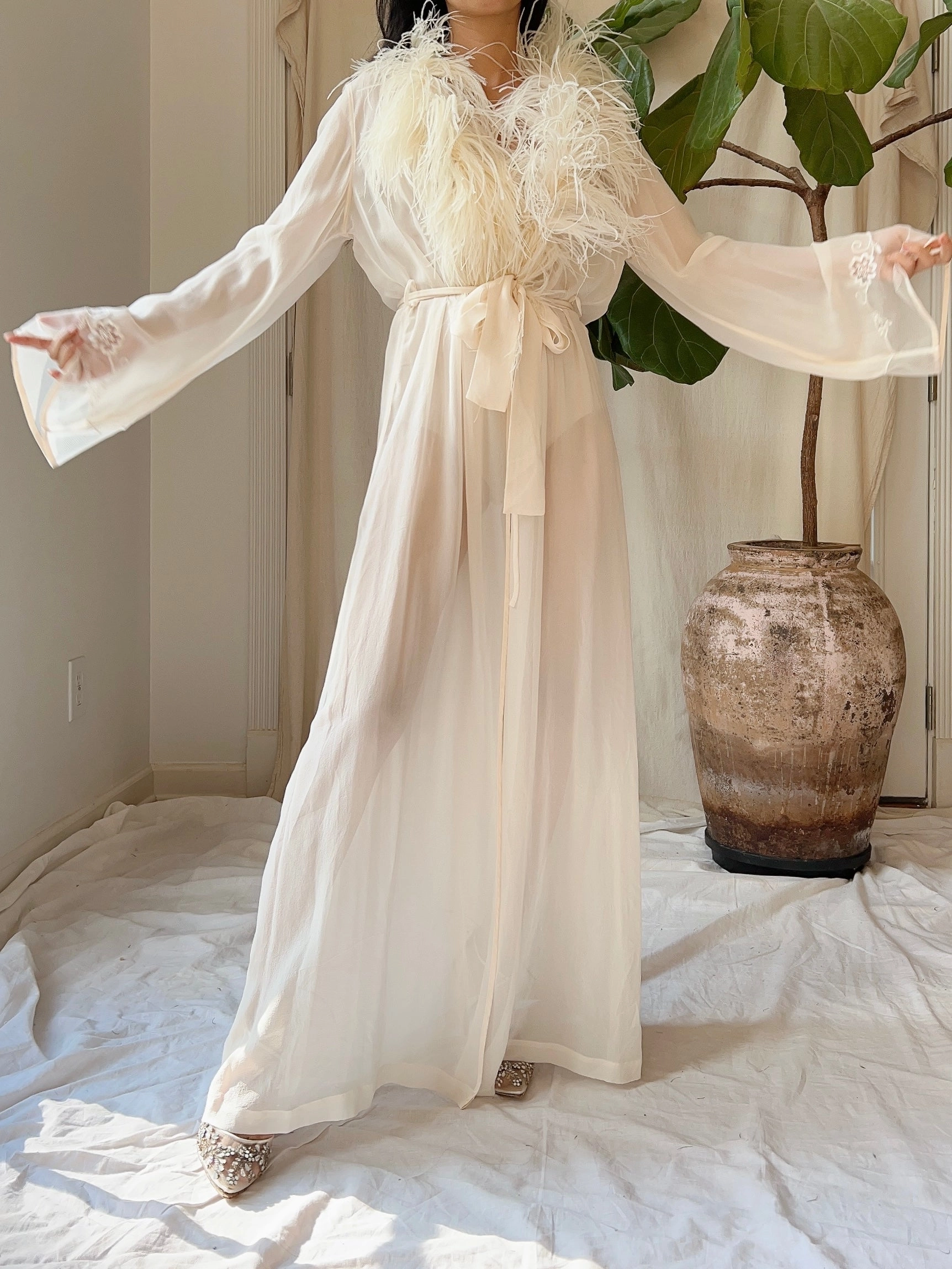 Vintage Silk Chiffon Feather Robe - S-M