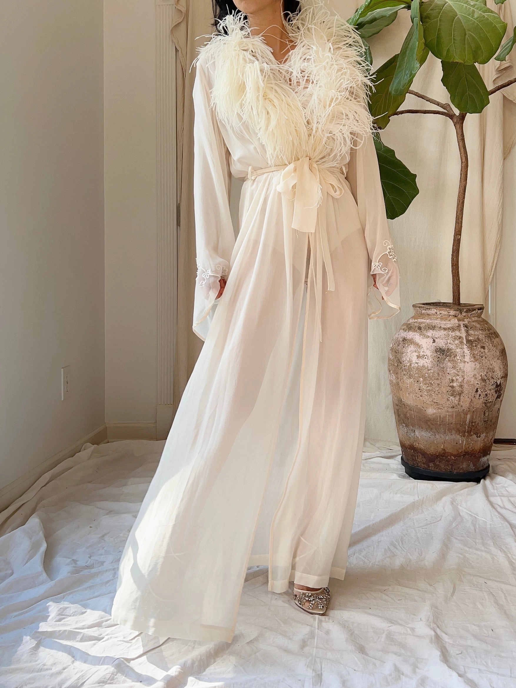 Vintage Silk Chiffon Feather Robe - S-M