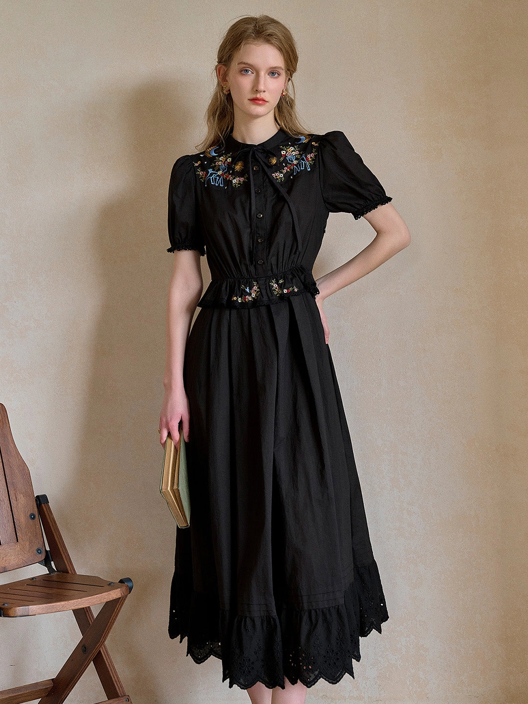 Virginia Round Neck Tie Embroidery Dress