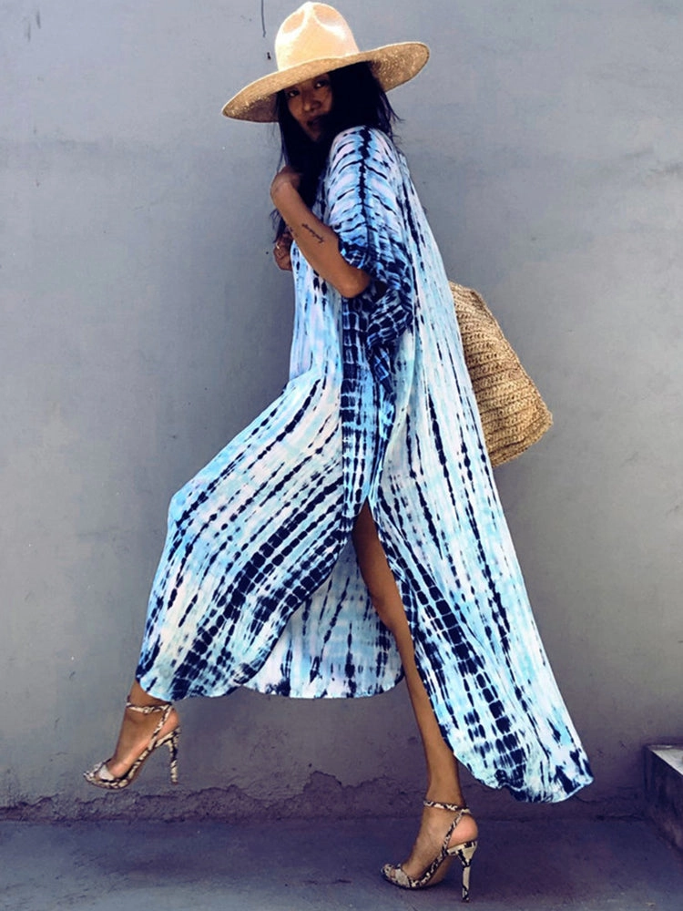Women Print Beach Dress Short Sleeve Plus Size Bathing Suit Cover Ups